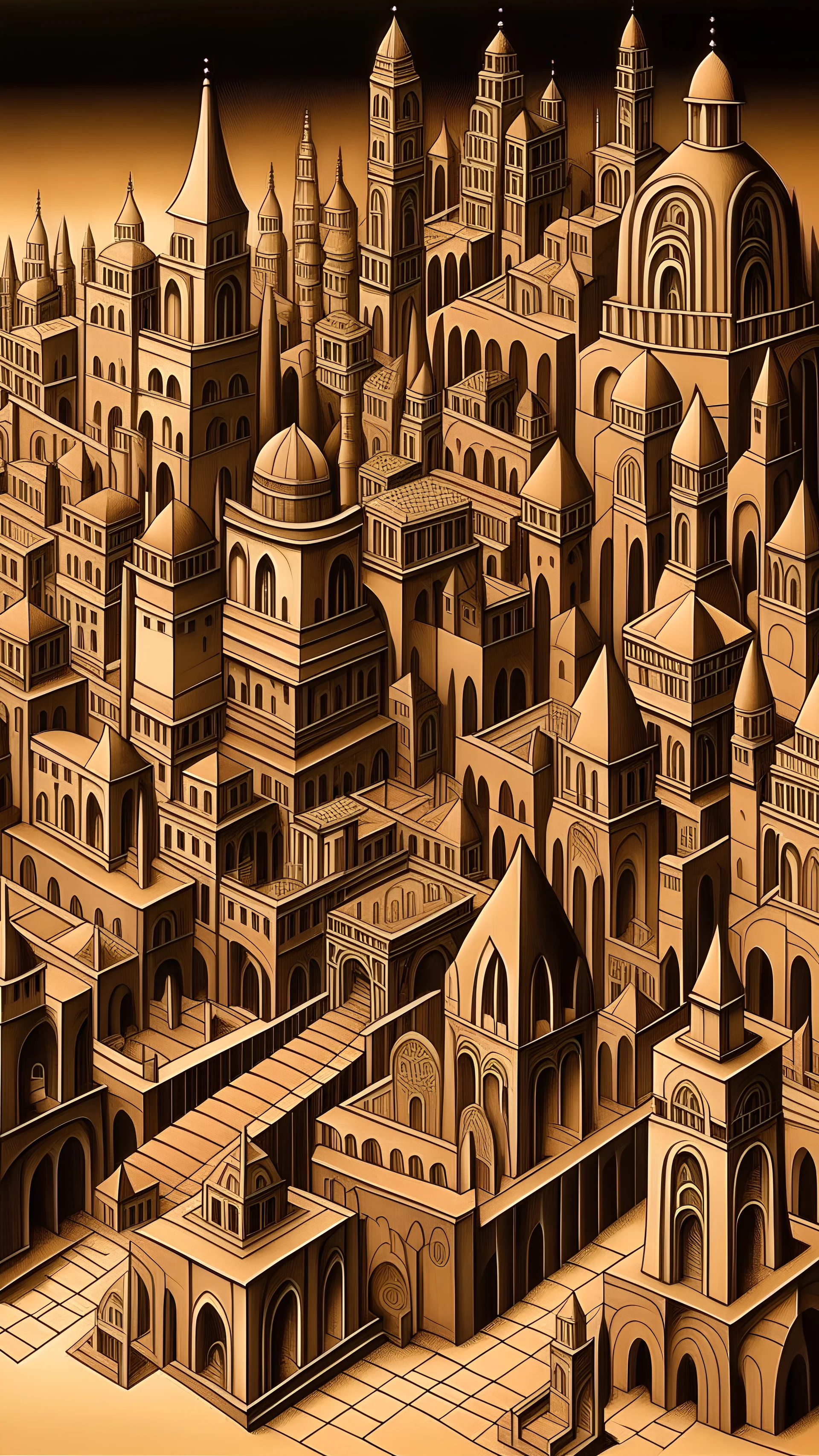 A city with towers painted by MC Escher