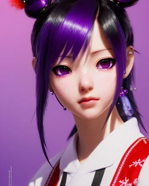 Detailed cute anime Kunoichi Christmas girl, purple hair buns, purple bangs, Christmas style colours, intricate details, full body portrait, keep head in frame, slight smile, black Japanese motif, concept art, highly detailed, digital painting, concept art, sharp focus, illustration, art by Yoji Shinkawa, WLOP and greg rutkowski and alphonse mucha and artgerm and yanjun Chen and Junji ito and Makoto Shinkai, HDR, octane render