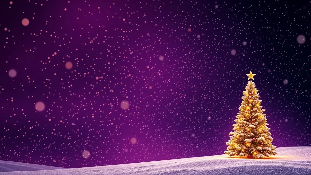 Golden Sparkling Christmas Background With Elegant Purple Navy-Blue And Black Sky With Subtle Snowfall And Decorated Christmas Tree Showing Dramatic And Cinematic Ambiance.