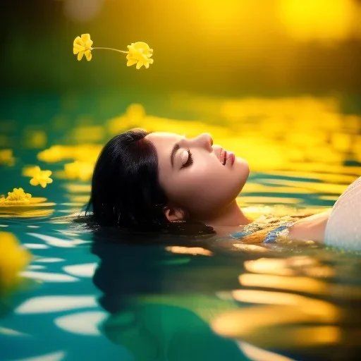 girl underwater with yellow flowers for hair, closed eyes, rtx, reflection, 8k, glow, winning photography, caustics, black hair, peruvian girl, luxury