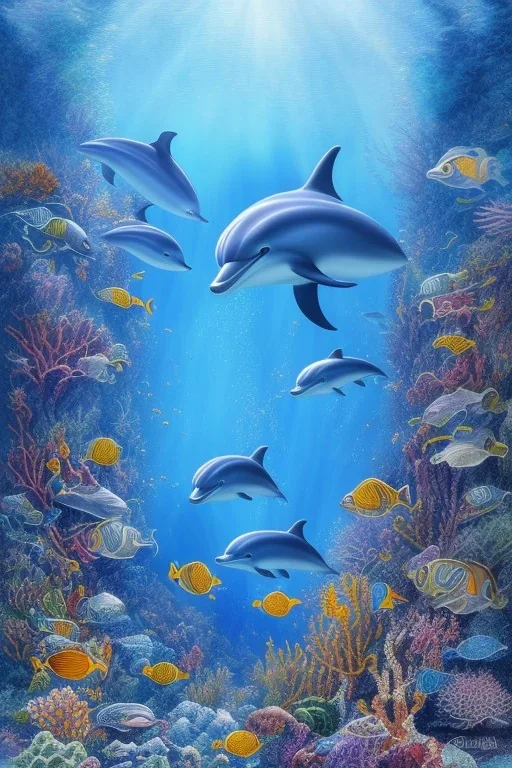 underwater, a dolphin, beautiful colors, fish, very fine detail, high quality, mystical, intricate, Neo-Impressionism, soft lighting, dream like,