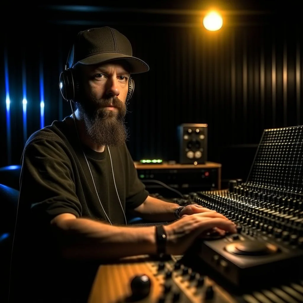 A short brown beard, DJ board,man with a baseball hat sing at microphone, many electronic consoles studio , microphones,, laser lights, FRONT VIEW