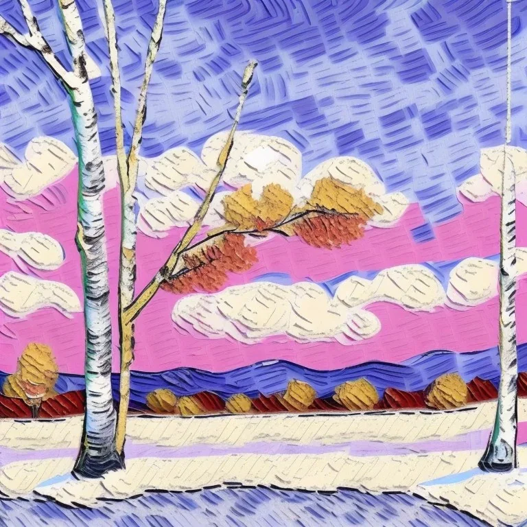 impasto painting of birch tree in snow by van gogh pink sky