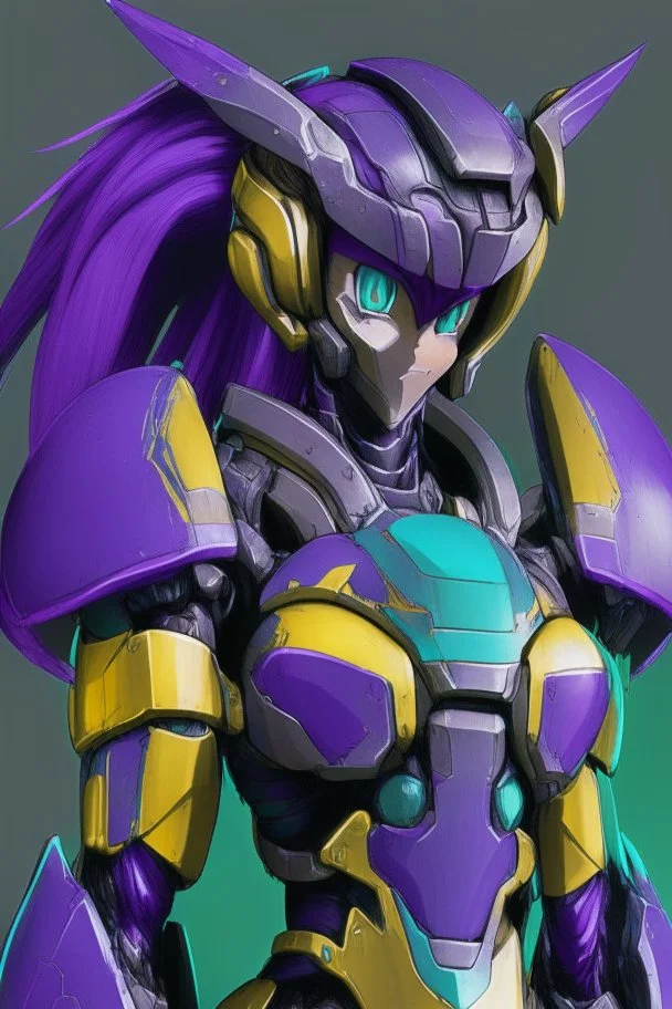 One Genderless Cyborg made of old metal, has a human like face with a really long violet ponytail, the armor is similar to Omega from Megaman. The color palatte of the armour is deep purple and yellow. They have clear visor, and have Turquoise colured eyes. The Background is dark grey.