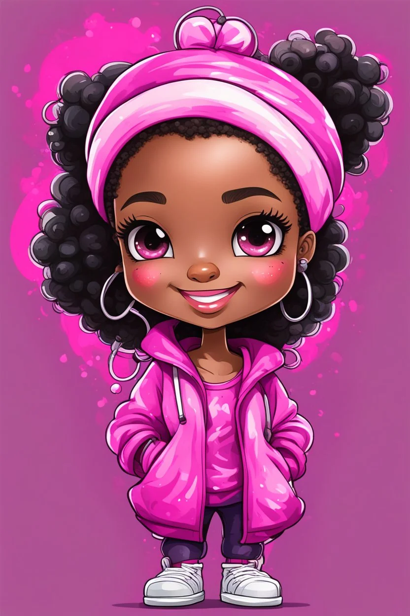 Create an abstract graffiti water color painting illustration of a chibi cartoon black female curvy smiling and hot pink scrub suit. Prominent make up with lush lashes and hazel eyes. Highly detailed slick ponytail thats wavy. background of the amour of stethoscopes