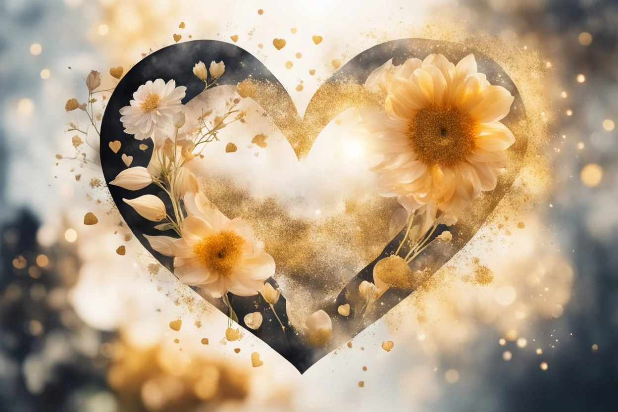 double exposure, merged layers, healthy food, flowers, heart and love in sunshine, watercolor and black ink outlines, sparkling golden glitter, ethereal, cinematic postprocessing, bokeh, dof