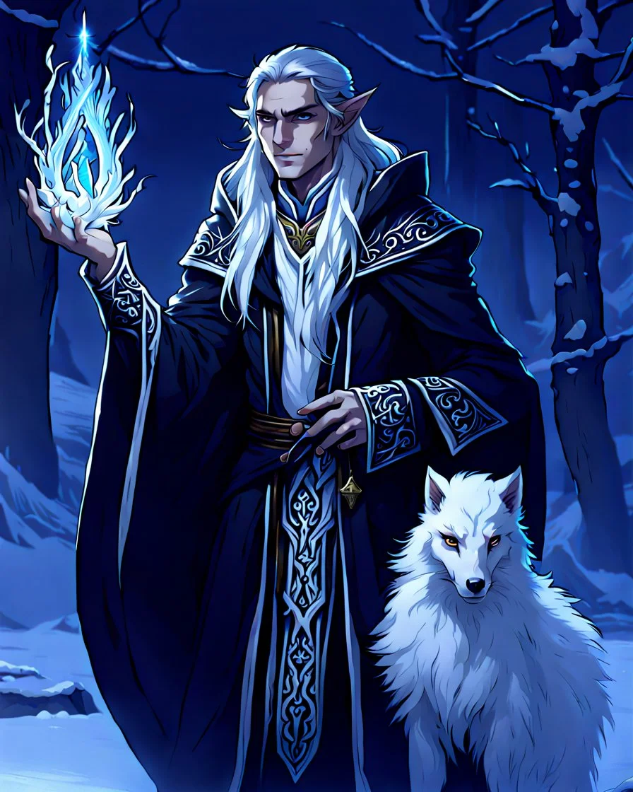 a young High Elf frost Wizard with long wiry hair, wearing a black trimmed white nobleman's robe and frost ornaments on clothes, with a small weasel on his shoulder