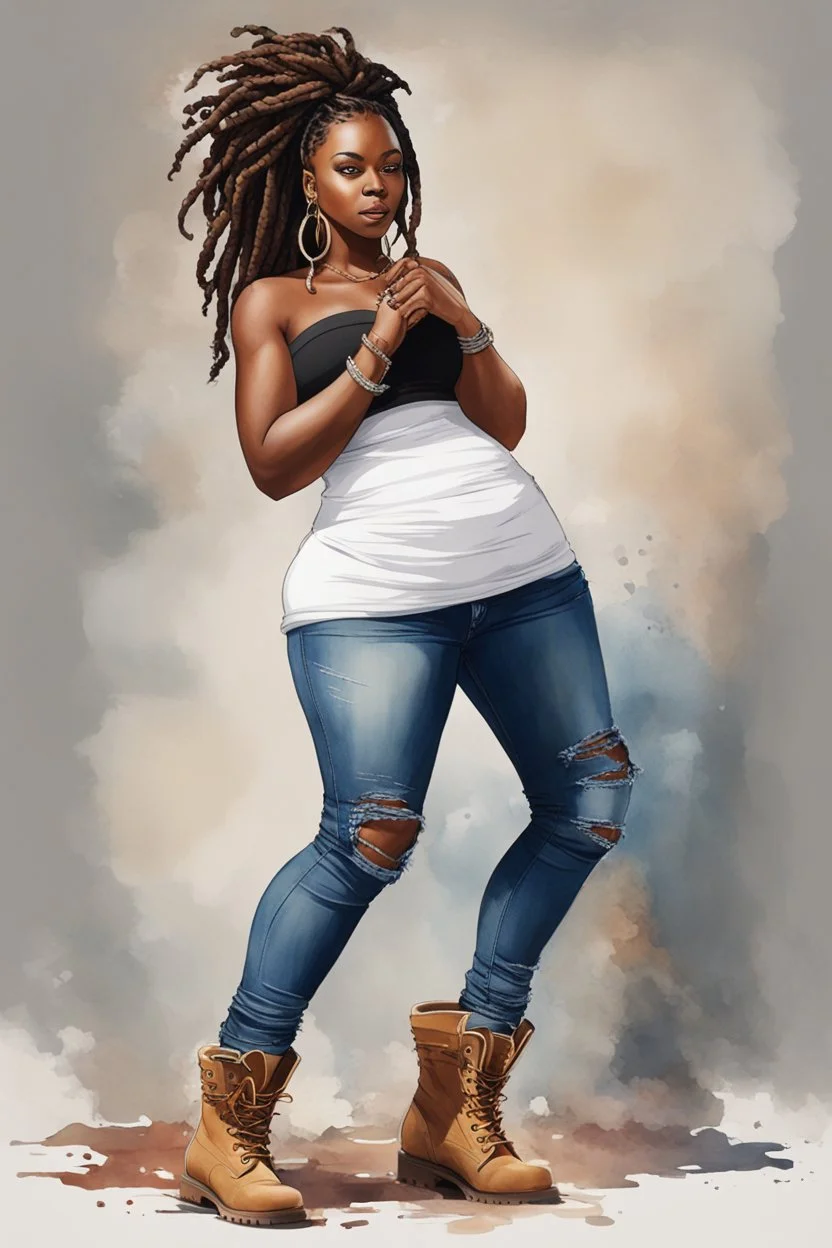 Create a watercolor image of a curvy black female wearing tight cut up jeans and a off the shoulder white tshirt with timberland boots. Prominent make up with hazel eyes. Highly detail dread locs