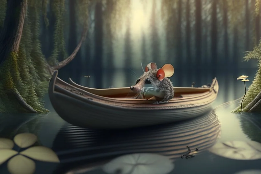 mouse in boat, in forest by lake, book illustration, fine detail, 4k, trending, volumetric light, depth of field