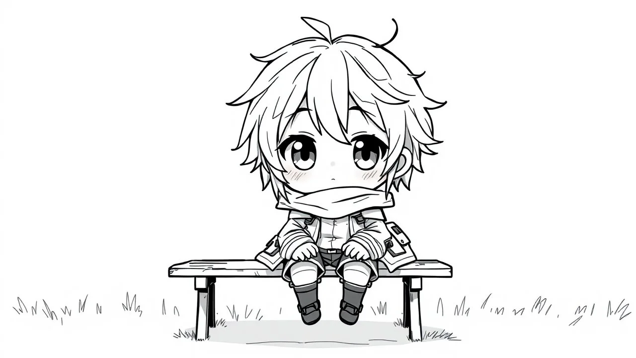 detailed graphic art style, cute anime, detailed chibi face, sitting in modern-fantasy clothes on bench, messy hair dreamline background, childbook style, detailed linework, highly detailed drawing, modern vibe, artwork, grayscale, no photorealism