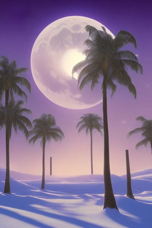 1980's aesthetic vaporwave palm trees with lighting with moon in the winter snow