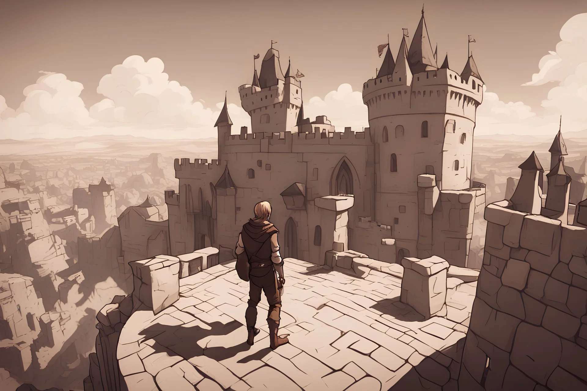 A screenshot from third person POV|2.5D cartoon effect / a mague male at the top of a castle | fantasy background I showing character like a RPG videogame I from the angle I sepia palette --ar 16:9 --style raw--s150