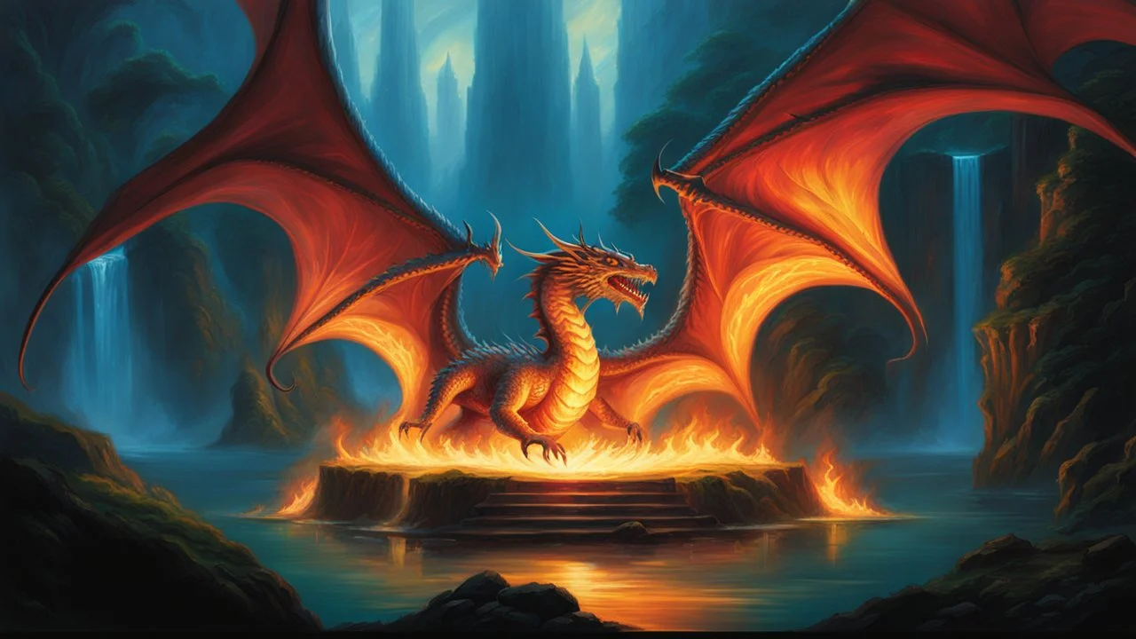 magic orb dripping with dragon fire. huge cloned wings. perfect claws. fantasy setting. concept art, intricately detailed, color depth, dramatic, colorful background. painted by Jeff Easley