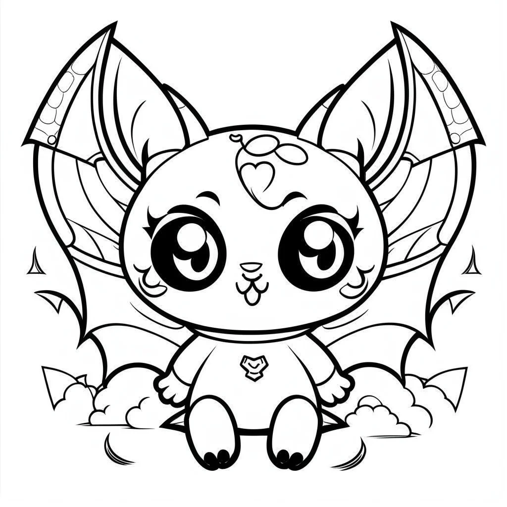 create a 2d black outline, " kawaii kitty with bat wings coloring book for kids", coloring page, low details design, black contour, coloring page design, colorful , card style, coloring page for kids, halloween backgorund,sketch style,