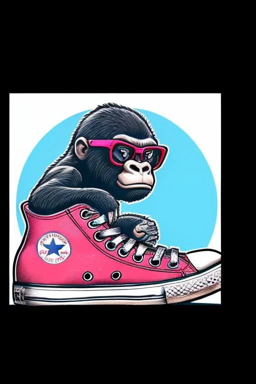 a profile picture of a small gorilla sitting in a blue Converse sneaker, like it's a car, comic style