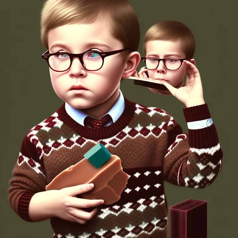 peter billingsley chubby kid with glasses, ((Dark red))soap bar, ((brown))argyle sweater