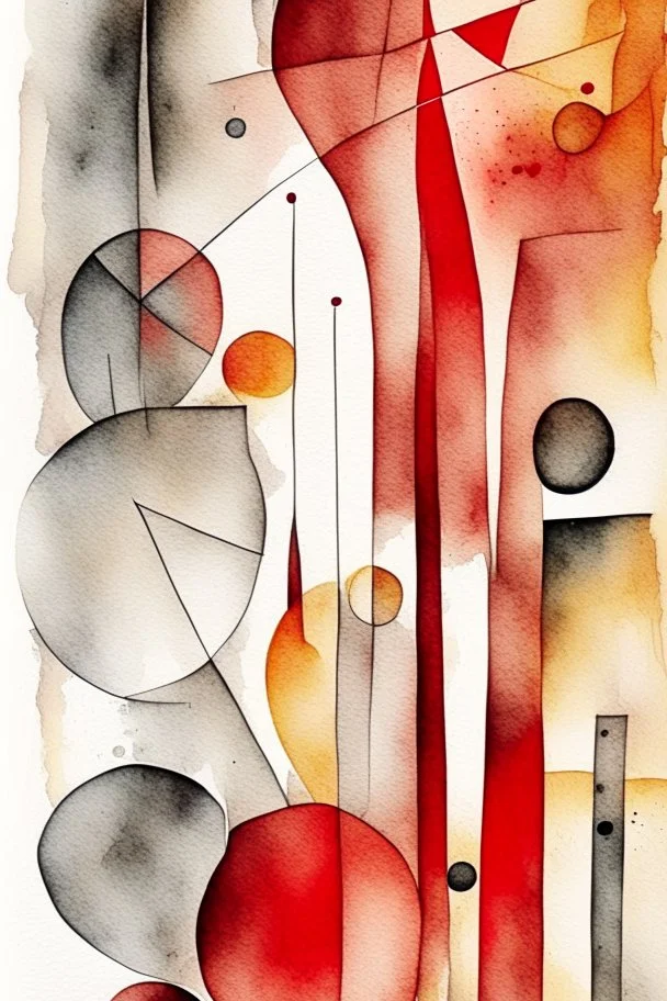 Abstract watercolour in the style of Paul Klee and Barbara Hepworth in red,grey and gold on watercolour background