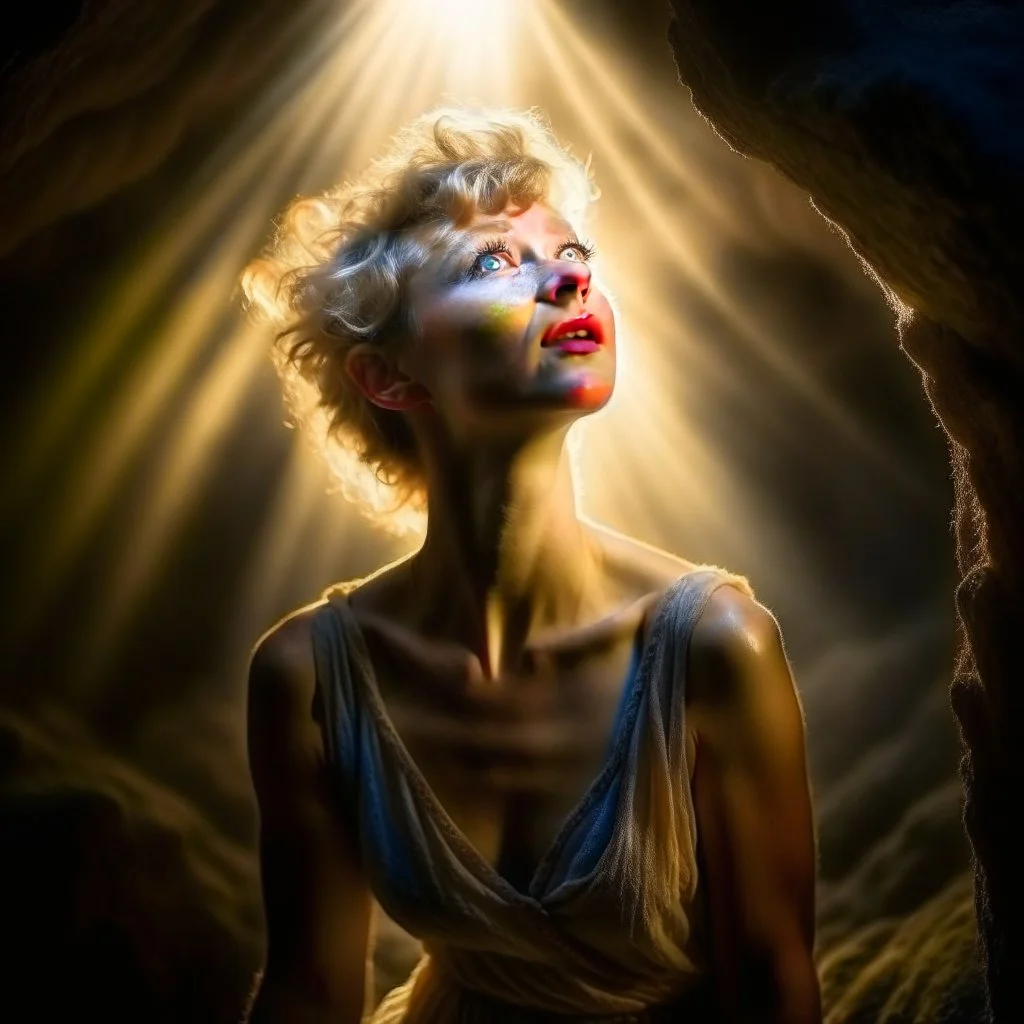 portrait of pixie howering in the underground grove sparkling light dust, in the style of dali, 8k, down-light, soft light, depth of field, photo realism, trending on art station, high detail, smoke and fog