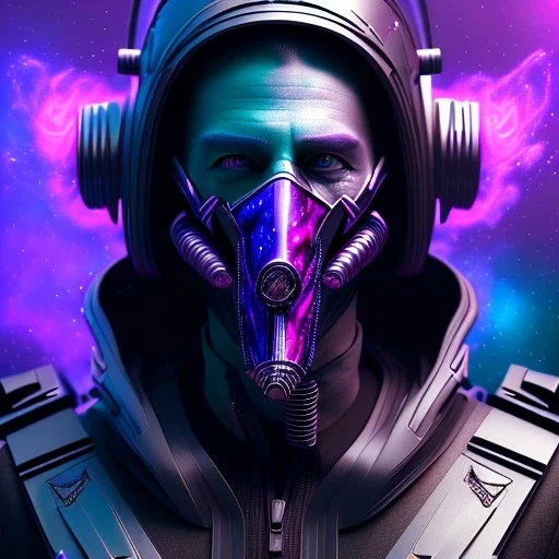 apocalyptic purple masked villain in galaxy, teal and purple smoke, detailed, realistic, 4k