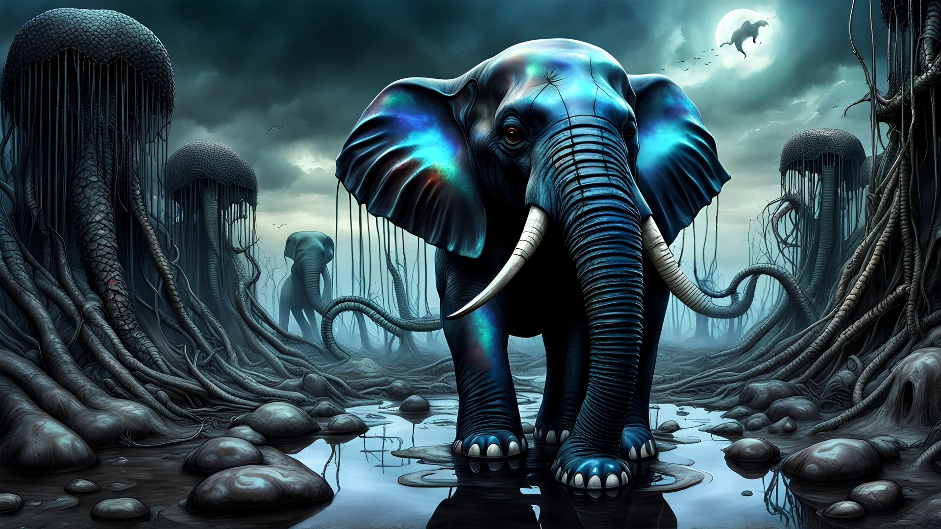 A gritty, full-body shot of an insatiably evil black opal iridescent pearlescent dark elephant in a surreal landscape, with sharp ivory teeth, macabre, Dariusz Zawadzki art style, liminal spaces, horror art, dark gaming background, wet, glossy, horror art, trypophobia, eerie, intricate details, HDR, beautifully shot, hyperrealistic, sharp focus, back lit, 64 megapixels, perfect composition, high contrast, cinematic