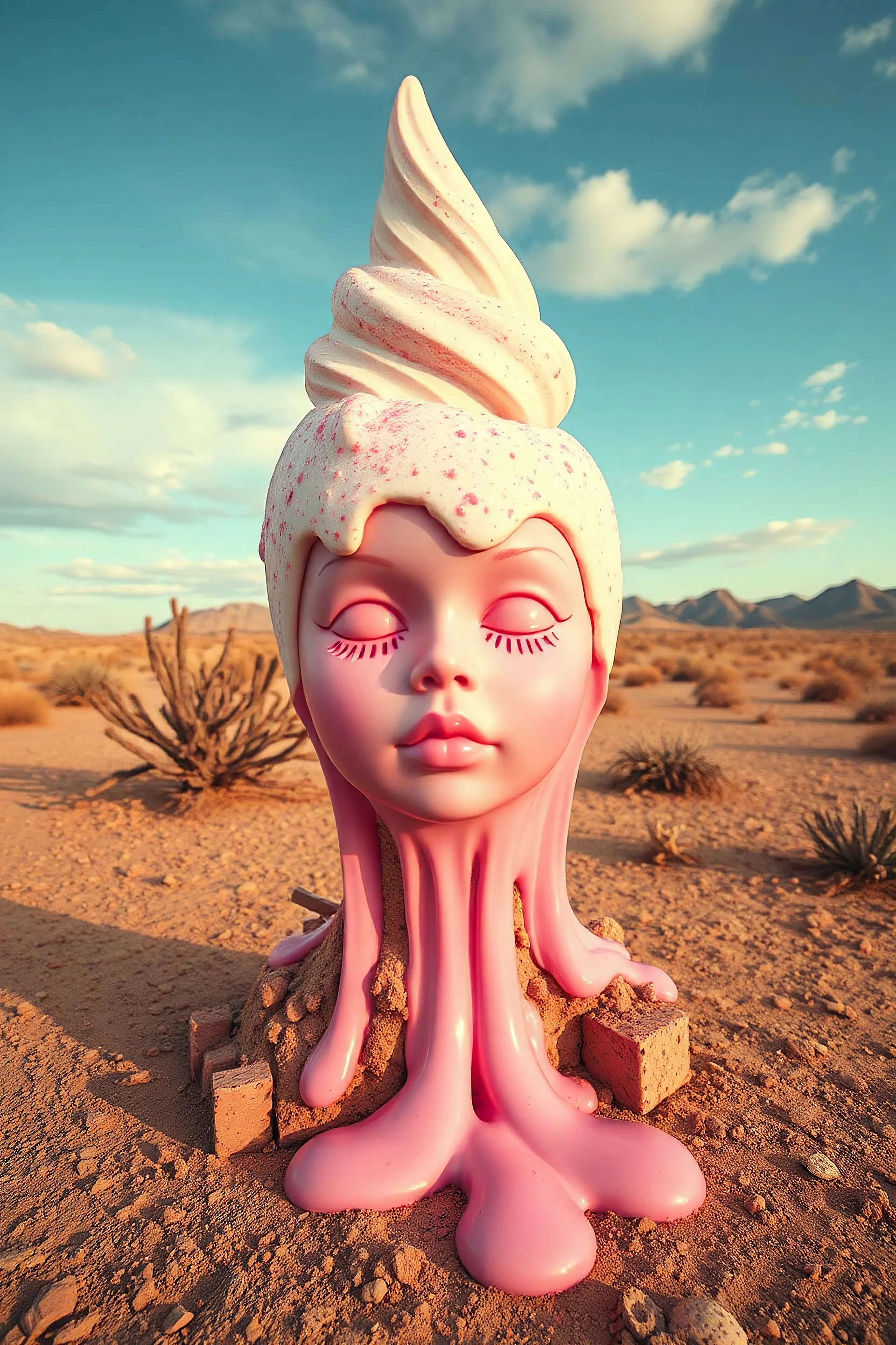 Time melting like bubble gum ice cream, a doll face dripping, surreal desert landscape
