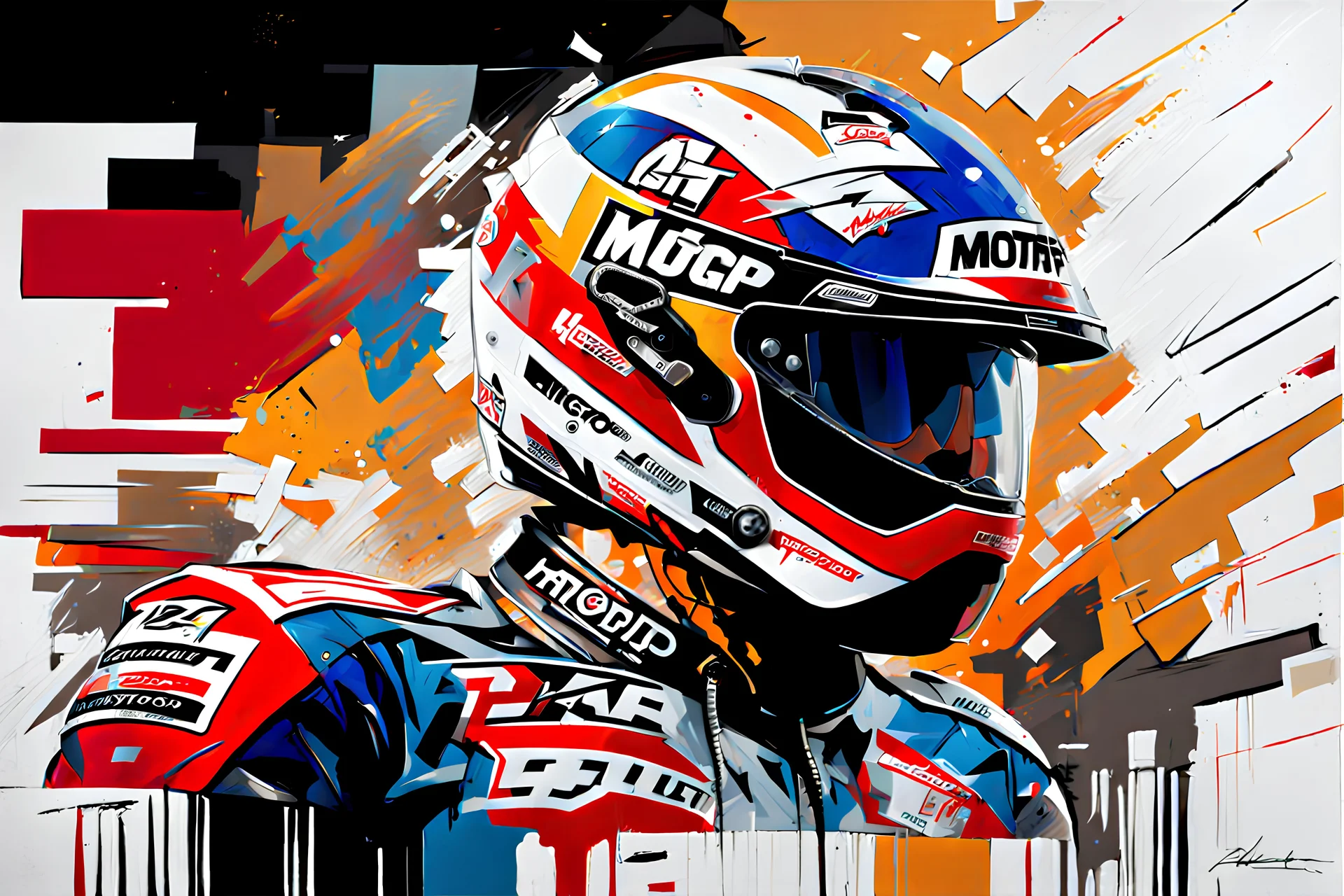 abstract oil painting, helmet MotoGp collection in garage. by DEREK GORES black-red-gold. artistic style Willem Haenraets , datailed -high resolution, Afremov, colorful in Kal Gajoum style