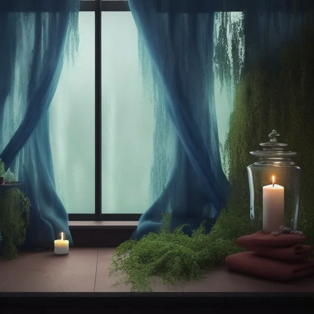 a gorgeous, stunning spa with gauzy curtains, dark wood floor, decorative blue-green ocean in glass ball, plants, smooth black stones, candles, 8k resolution, high-quality, fine-detail, digital art, detailed matte, volumetric lighting, illustration, 3D octane render, brian froud, howard lyon, selina french, anna dittmann, annie stokes, lisa parker, greg rutowski, George Grie, Ben Goossens, Igor Morski