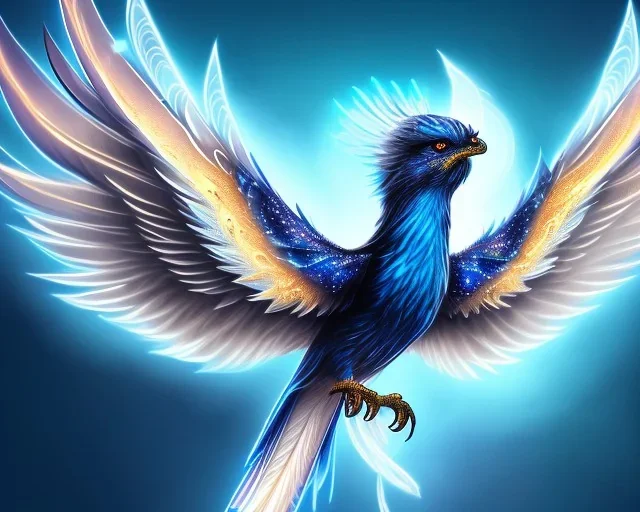 a detailed illustration of a black and blue phoenix sitting on a branch of a tree, phoenix bird wallpaper, luminescent body, glinting wings, full body, symmetrical body, realistic, glowing wings, sharp focus, meticulously detailed, soft evening sky, 64k