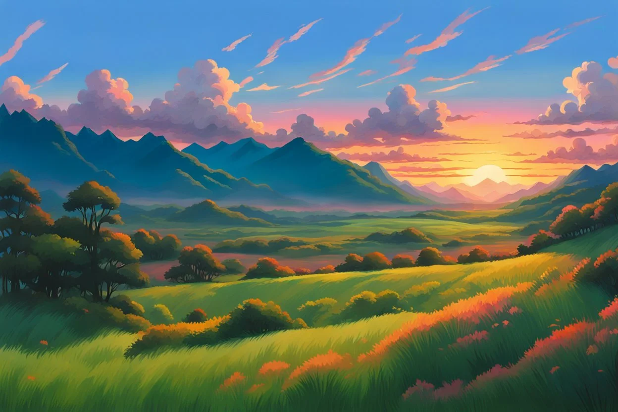 It is a scenic landscape with a lush green meadow, rolling hills, and a vibrant sunset sky with colorful clouds. The background features a range of mountains silhouetted against the warm orange and pink hues of the setting sun. like Studio Ghibli and oil painting