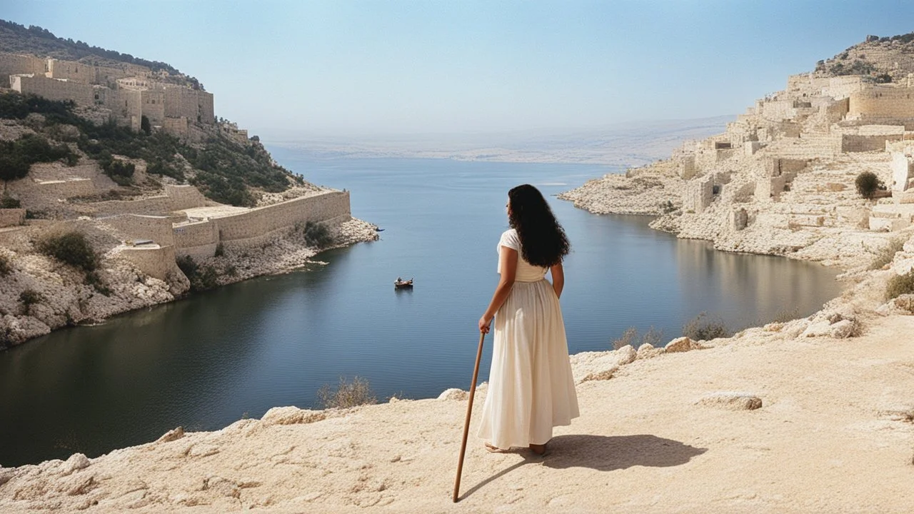 [photo by Russ Meyer] close to the old town of Nazareth, a view on the Lake of Genesareth. a young woman in linen dress, she has her wooden rod she looks at the people down around the shore