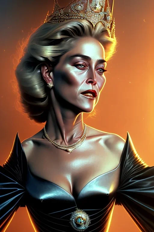 painting of Sharon Stone as evil queen in black leather gown, feminie, angry, stern look on her face, emperious, highly detailed, digital painting, artstation, concept art, smooth, sharp focus, illustration, art by gaston bussiere and alphonse mucha