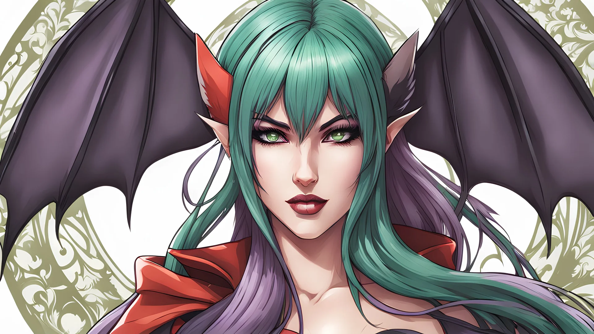 Morrigan Aensland, realistic anime drawing style, intricate details, highly detailed, ultra detailed, ultra quality, zoom out, bats