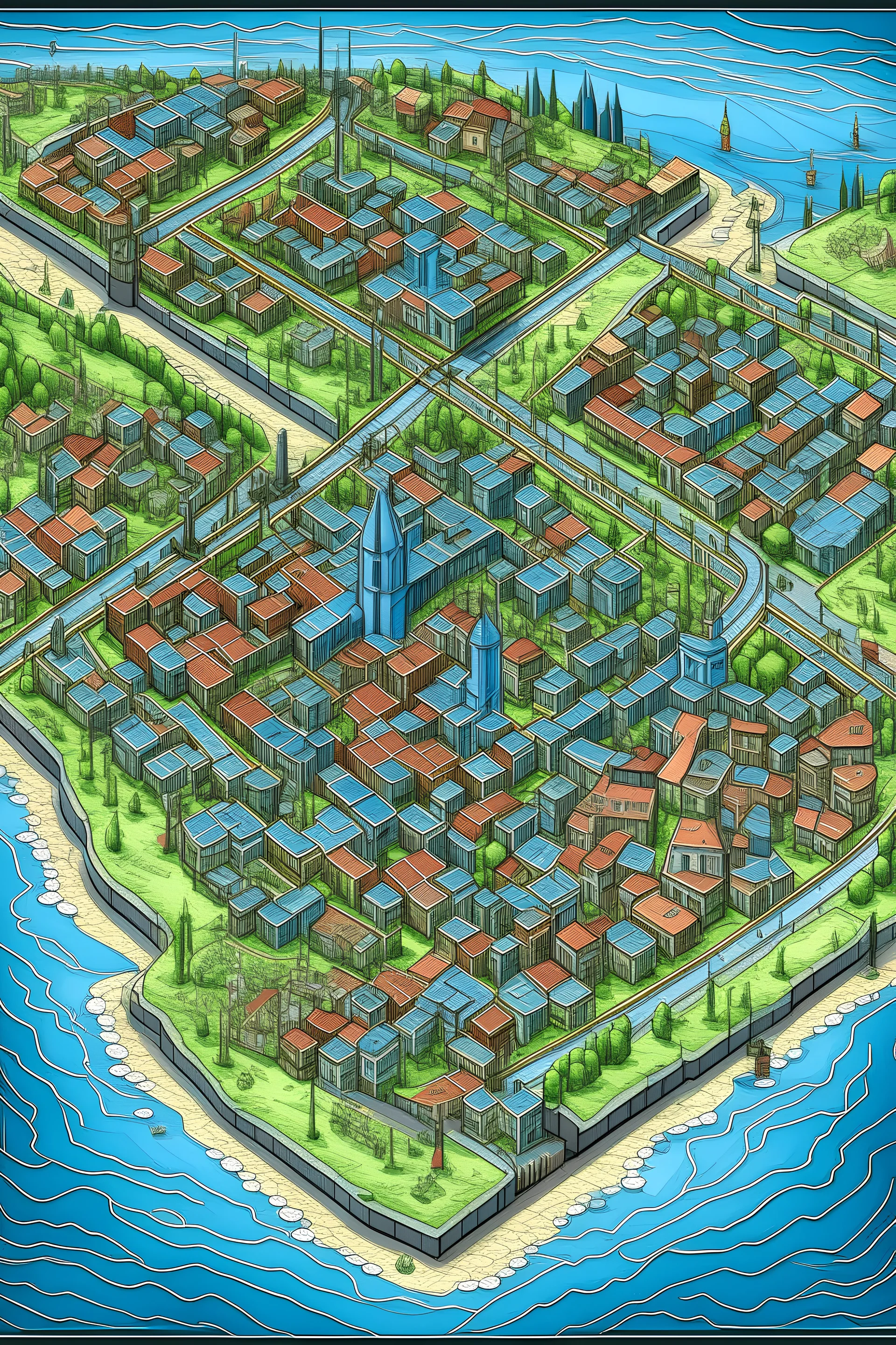 zweidimensionaler Stadtplan einer heutigen Stadt mit mittelalterlichen Strukturen, viel Veloverkehr, wenige Hochhäuser, europäische Stadt, mit Fluss,