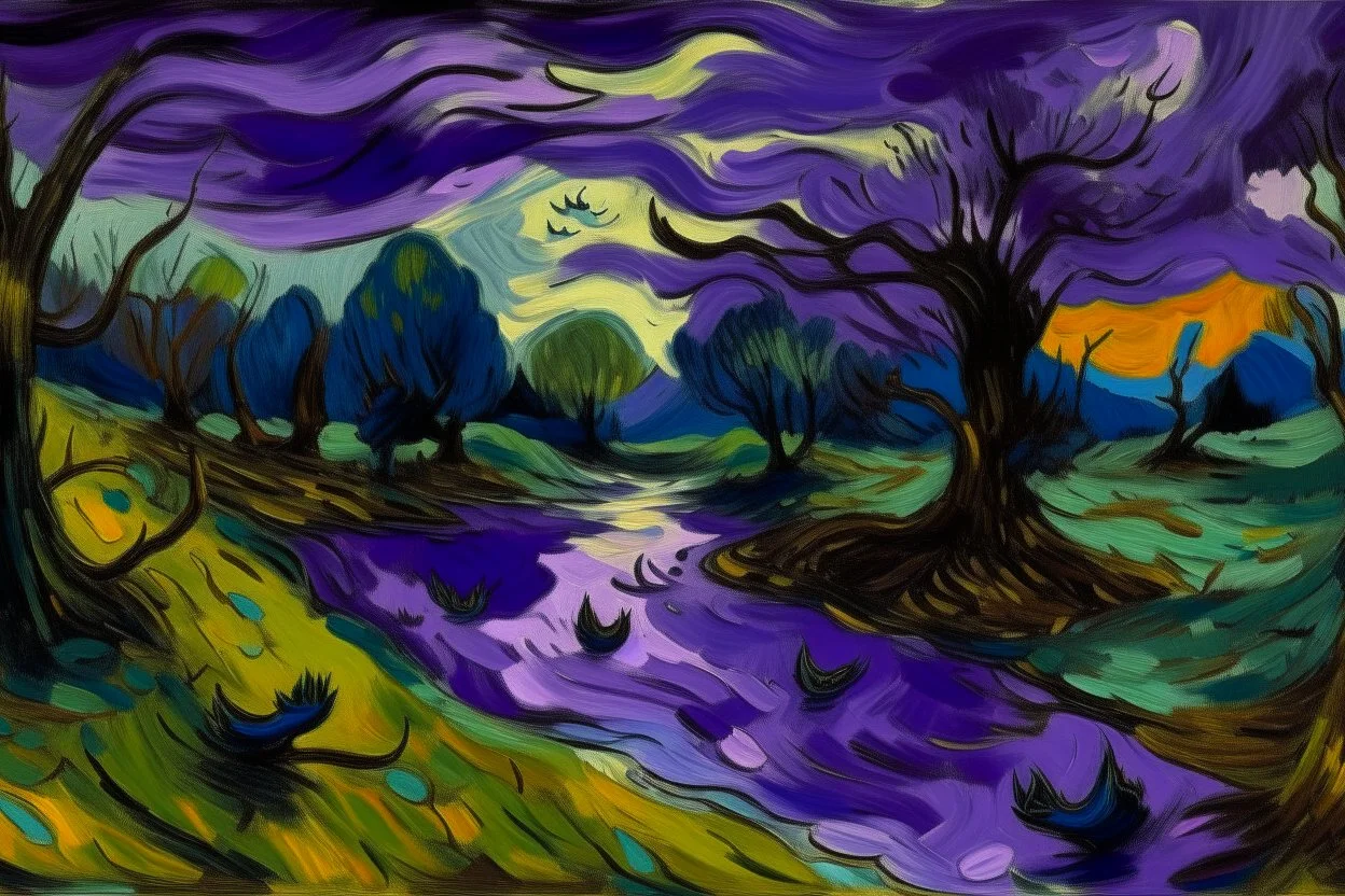 A purple swamp with bats painted by Vincent van Gogh