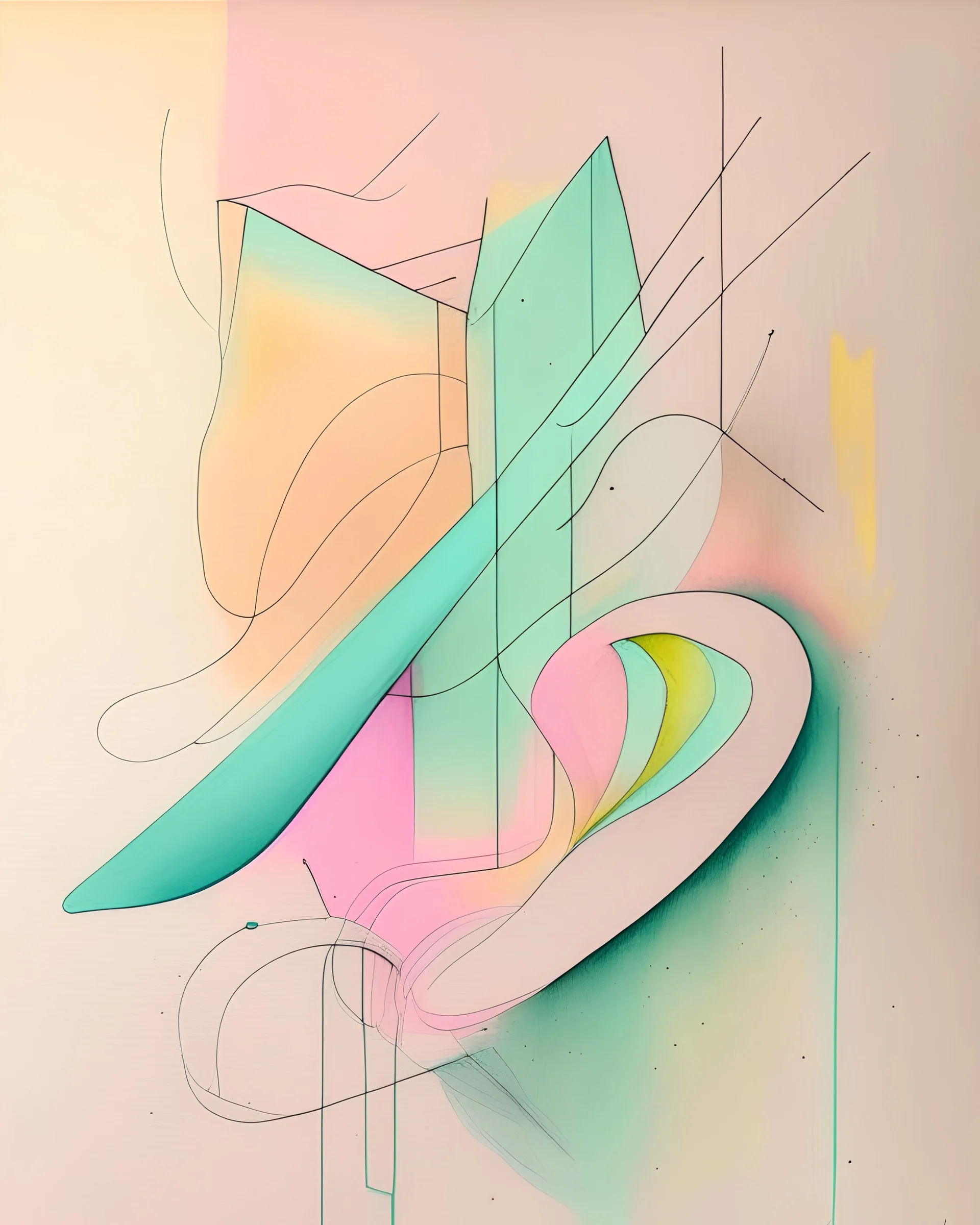 Abstract pastel painting with sketchy pencil outlines