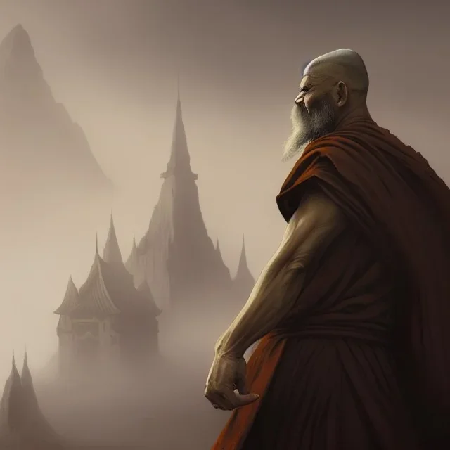 Portrait of a monk, fog, distant temple, profile, grim, dark, Frank Frazetta, Greg Rutkowski, hyperdetailed, dnd, trending on Artstation, Splash screen art, dynamic lighting, hyperdetailed, intricately detailed, a masterpiece, 8k resolution, high contrast, bearded,