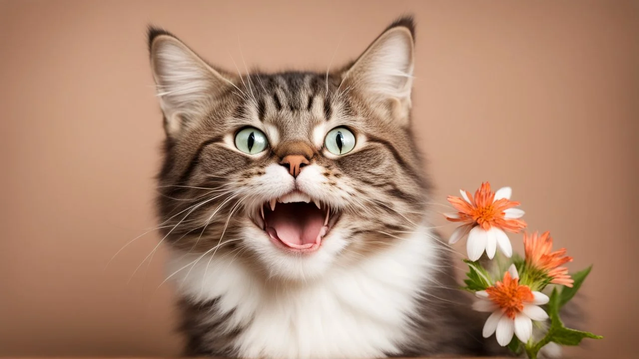 laughing adult cat on the Broun background with little flower