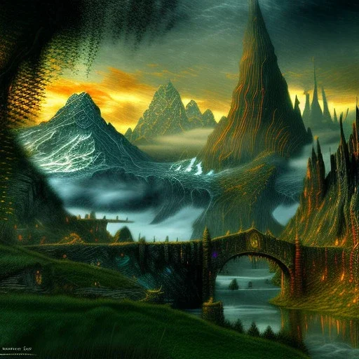 Epic Drawing of mordor scenery with a dragon of The Hobbit estilo Van Gogh 4k