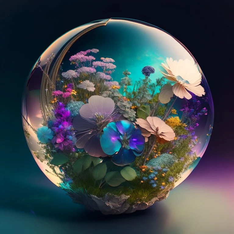 iridescent modern and mechanic globe full of flowers and nature
