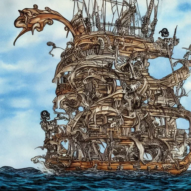 Skeleton pirates on a big, scary ship, artistically