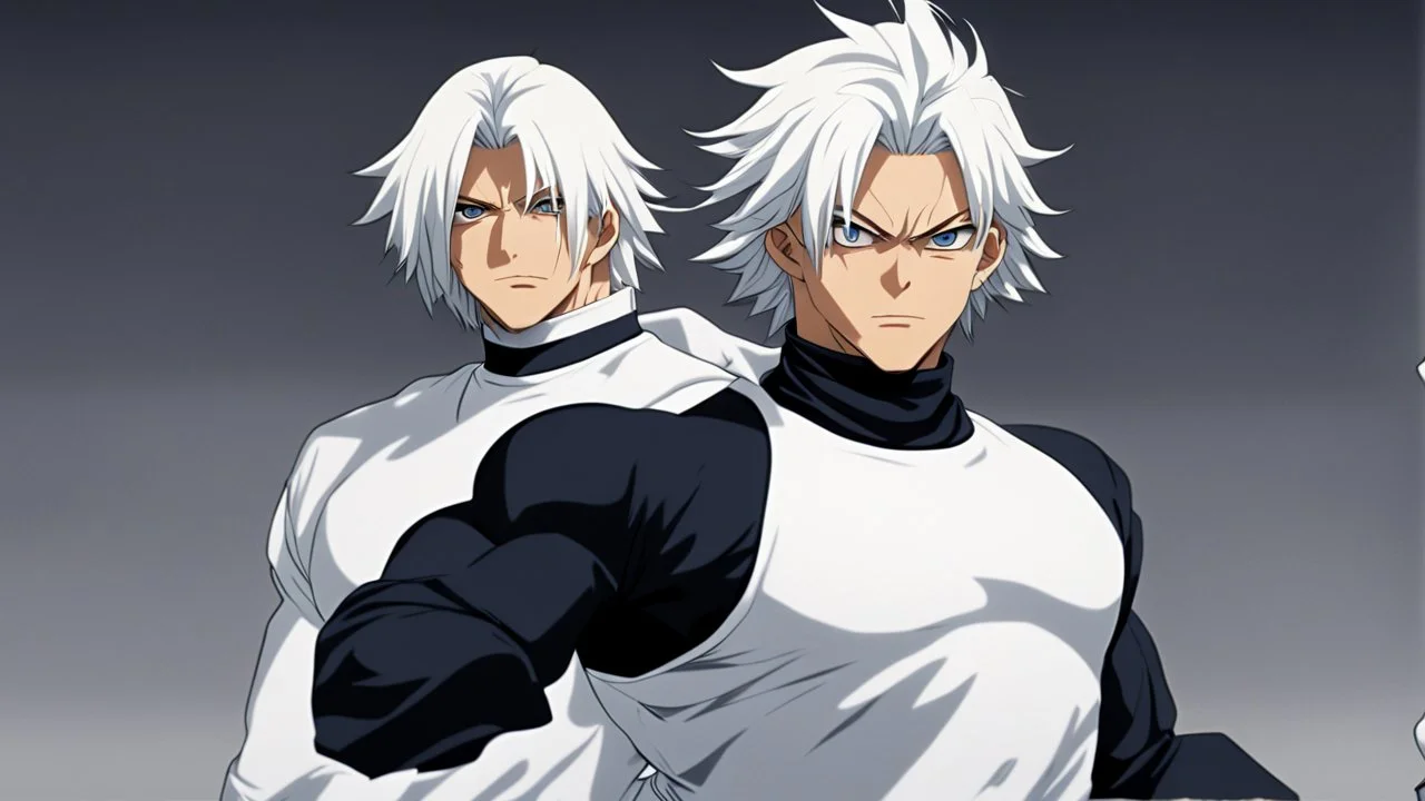 Satoru Gojo is a young tough guy white hair blue eyes black turtleneck without arms white loose pants in a defensive pose