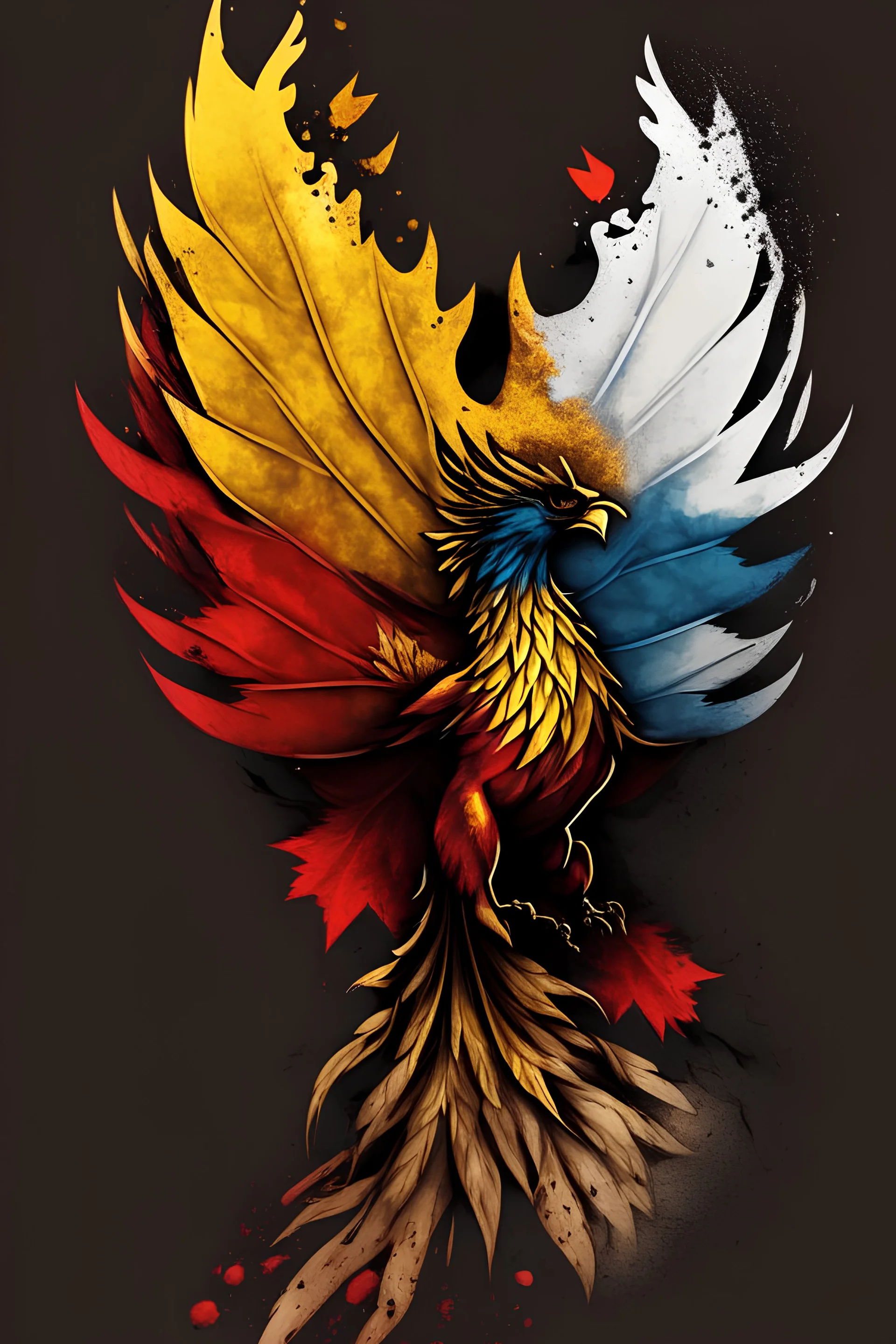 phenix rising from the ashes. canadian maple leaf on its chest. feathers to match the intersex progress flag colors.