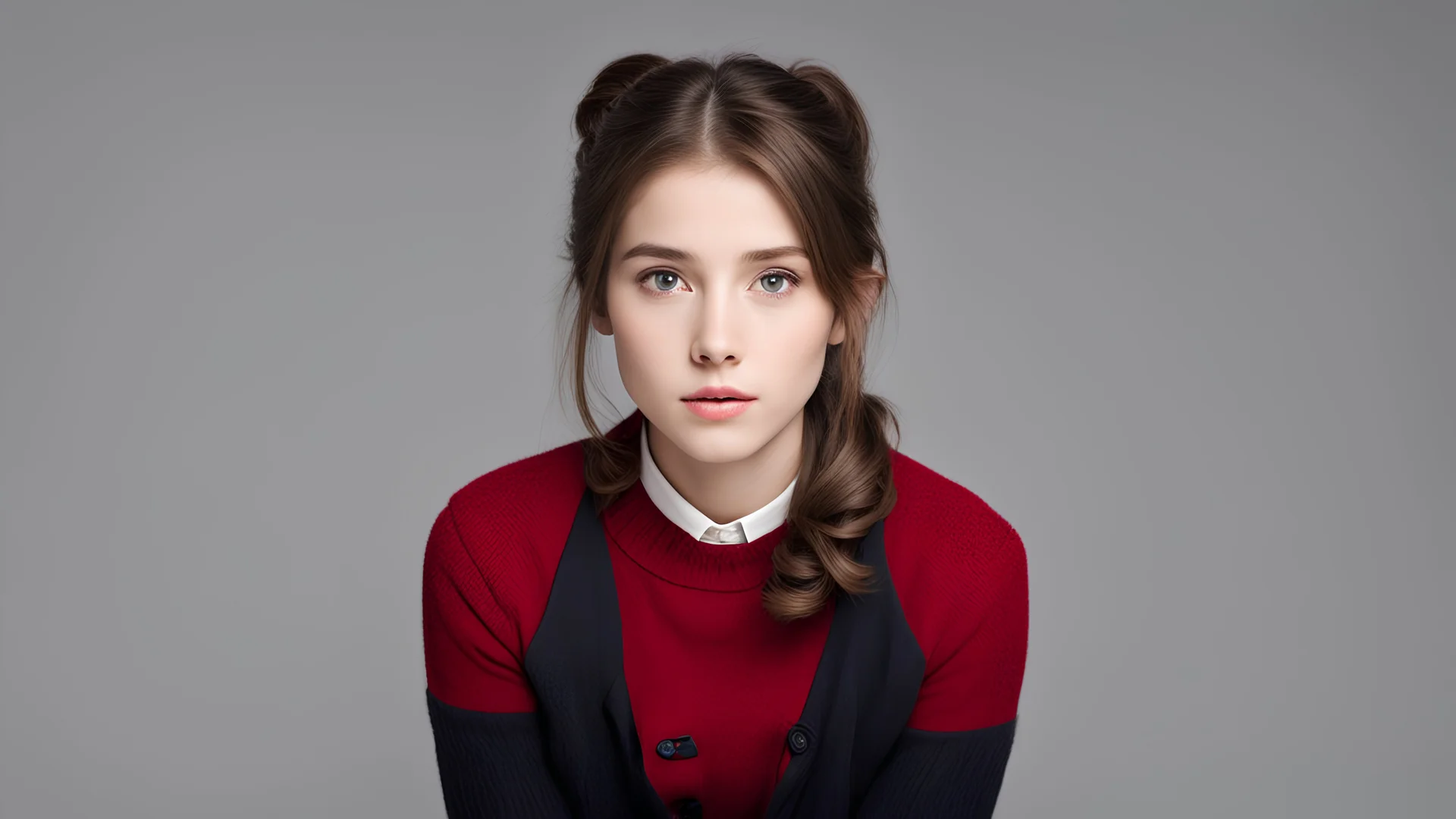 (Emily Rudd:0.15), beautiful face, pure face, face focus, facial, lips, looking at viewer, NSFW, simple background, plain gray background 1 girl, squatting brown hair, ponytail, school uniform, red cardigan, long sleeves, black skirt, black tights