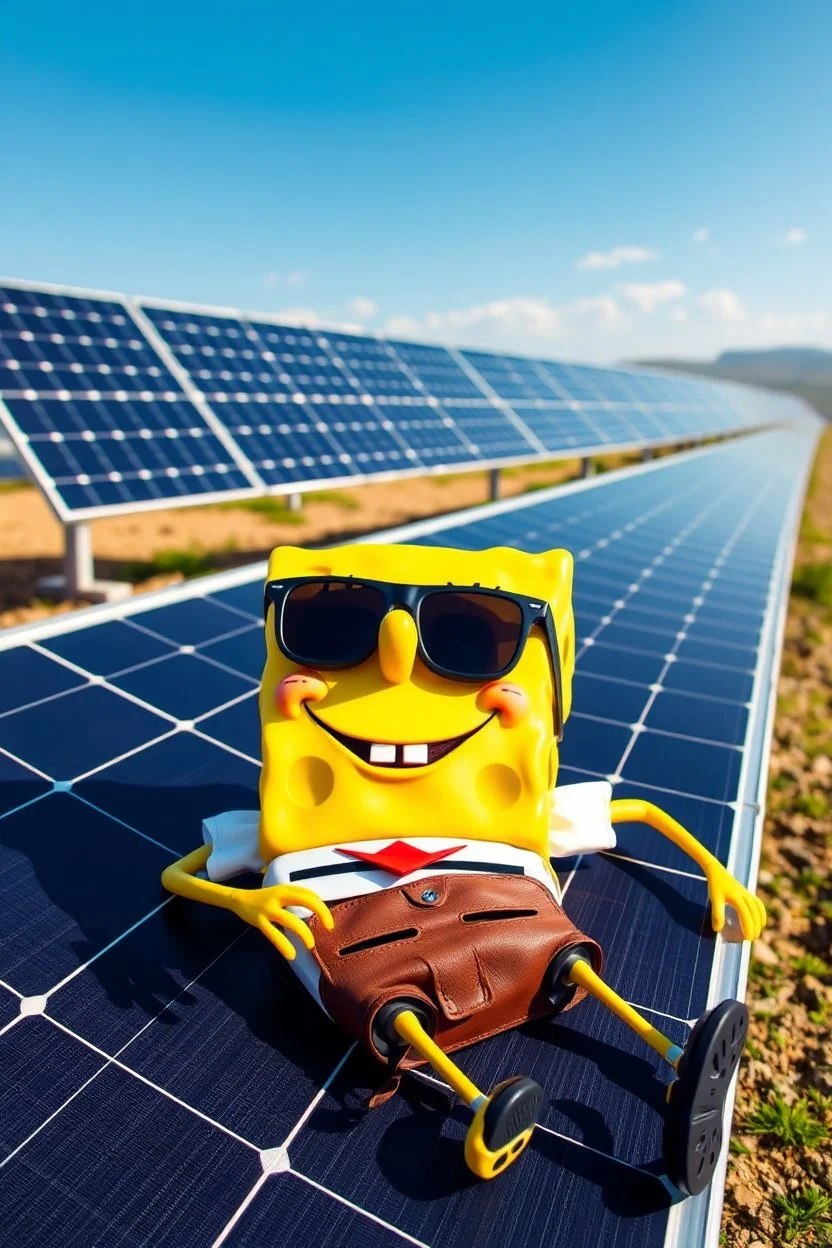 Spongebob lying on a solar panel, sunbathing, sunglasses on, solar farm in the background