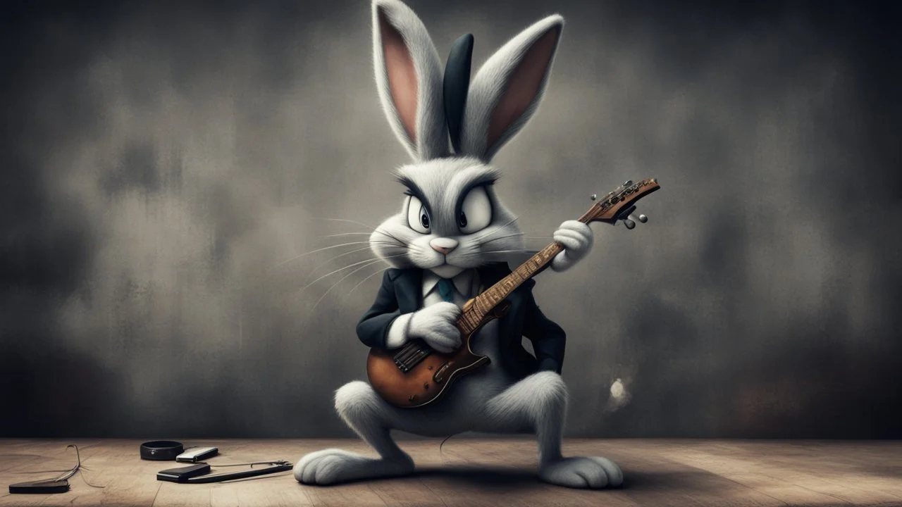 photorealistic deppressed dark melancholic sad Bugs bunny with blackeye deppressed doing music rock and roll dark heavy metal on a scene alcoholic, ciggaretes sad ciggarets