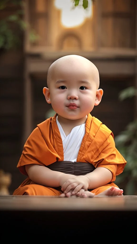 A 3-year-old monk boy with round cheeks, sitting, looking at the camera, light gray monk costume with white neckline, cute and cute, masterpiece, high quality, highly detailed.