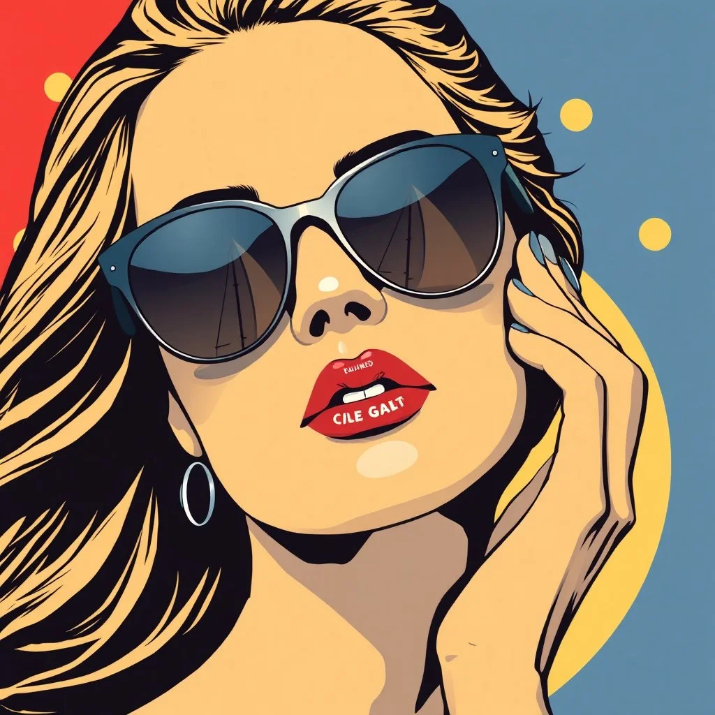 Pop art composition of a stylish woman wearing reflective sunglasses reflecting a sailboat, abstract shapes in background