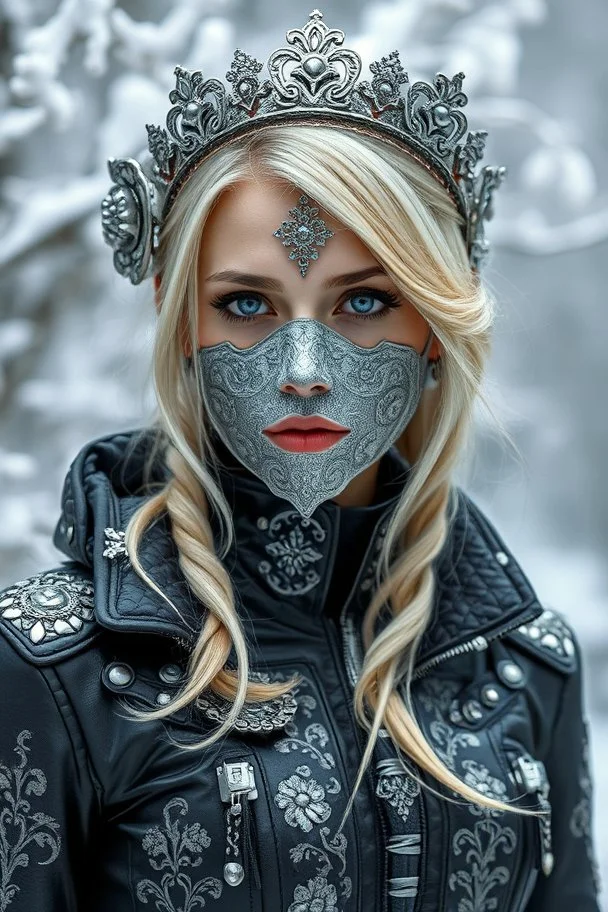 Beautiful faced young blond winter queen biomechanical woman, wearing silver goth punk metallic filigree floral face masque, adorned with goth punk silver metallic diadem headress, wearing biomechanical amalgamation style leather jacket dress ribbed with silver floral metallic filigree biomechanical vantablack pattern, organic bio spinal ribbed detail of gothic winter snowy backround extremely detailed maximalist hyperrealistic portrait