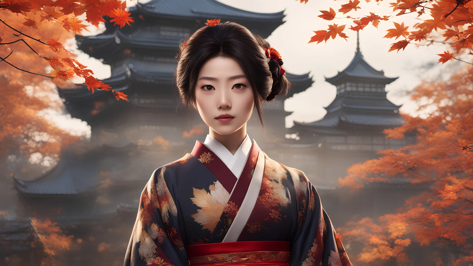 Une héroïne japonaise d'une beauté envoûtante se tient devant un château hanté, son regard empreint de détermination. Vêtue d'une tenue élégante aux motifs traditionnels, elle semble prête à affronter les défis qui l'attendent. Des feuilles d'automne tourbillonnent autour d'elle, ajoutant une touche de mystère à l'atmosphère.