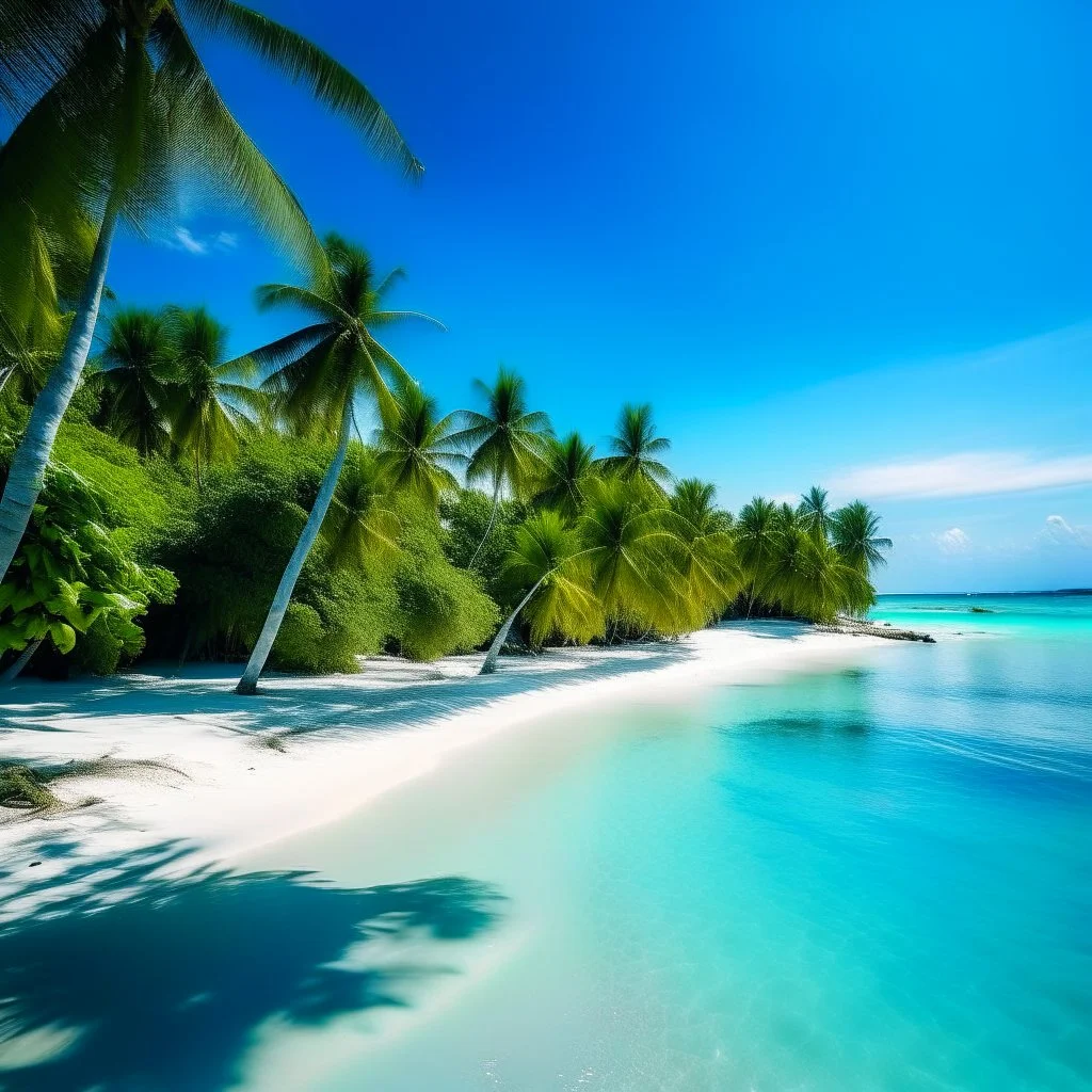 A pristine tropical island with palm trees, crystal-clear turquoise waters, and a deserted white-sand beach.